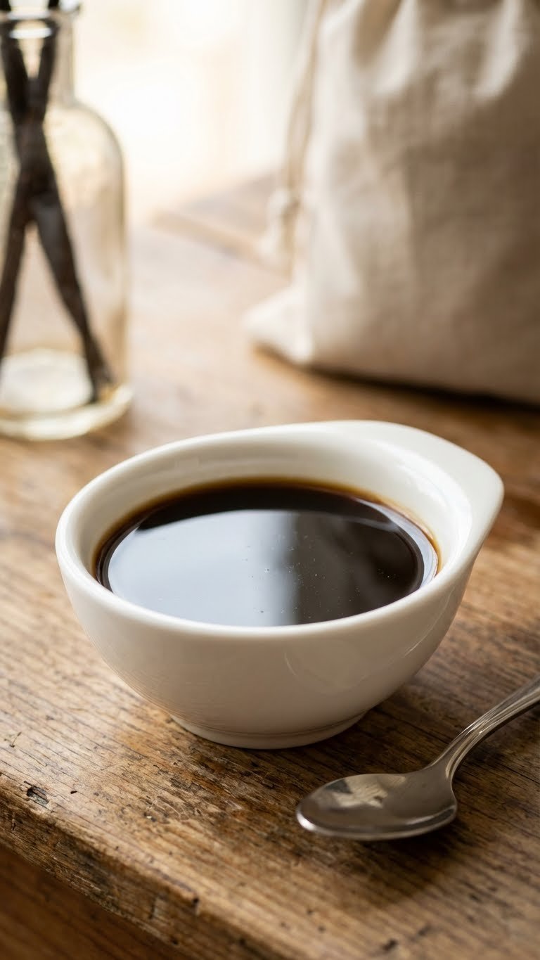 White ceramic bowl containing dark syrupy coffee mixture with spoon on rustic wooden table
