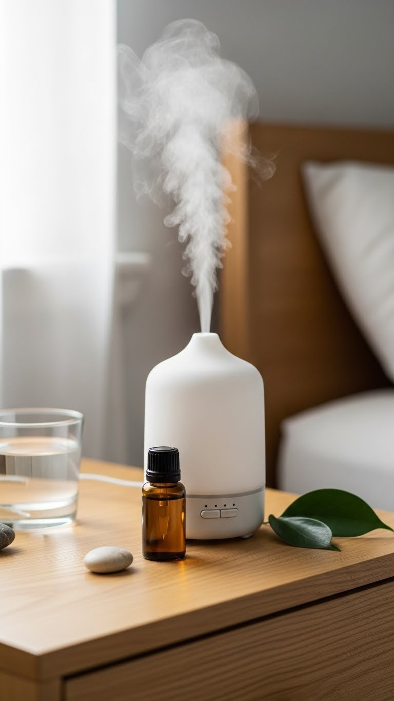 Black Coffee Rain Aesthetic: 11 Elements for Perfect Mood 13 White ceramic essential oil diffuser releasing gentle mist on light wooden bedside table with amber oil bottle