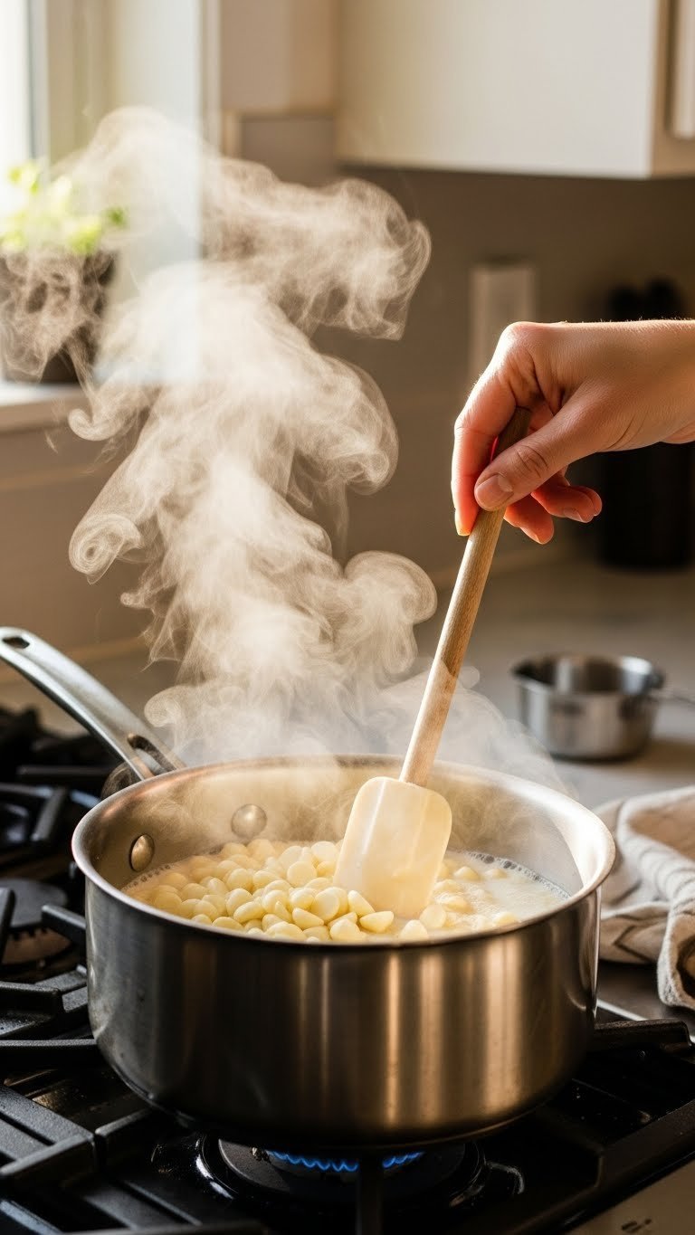 White chocolate chips melting with condensed milk and cream in saucepan over low heat with steam