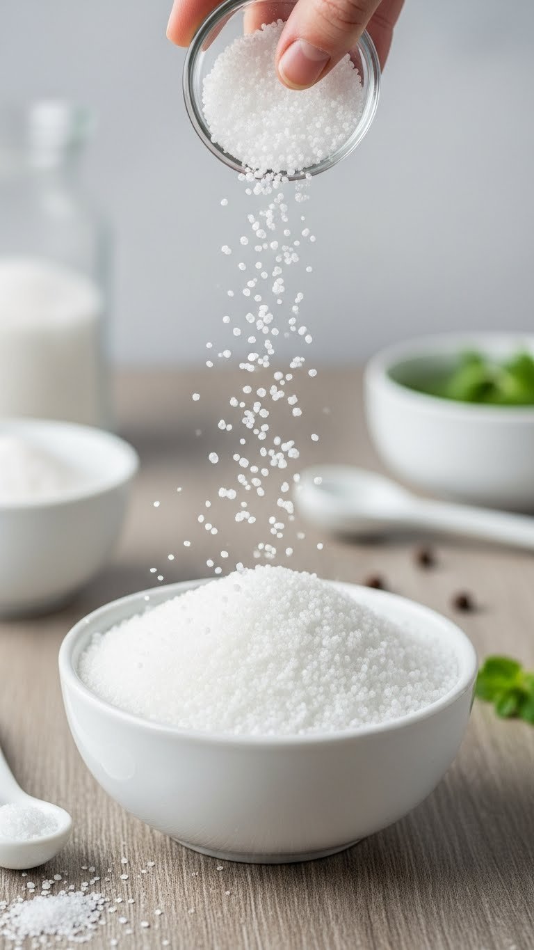 White erythritol and monk fruit sweetener crystals falling into clear glass bowl with ceramic spoons