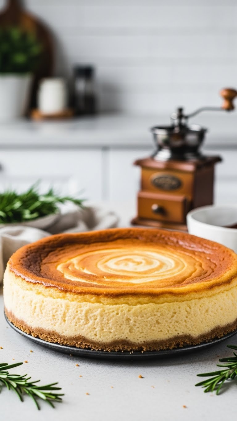 Whole baked keto coffee cheesecake in springform pan with golden edges and smooth center on elegant kitchen countertop