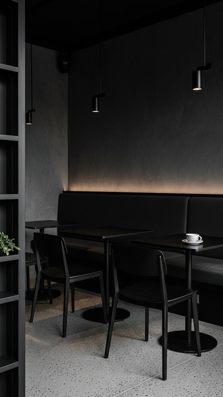 Wide-angle view of The Monochrome Cafe's sleek interior with dark walls, minimalist furniture, and polished concrete floors