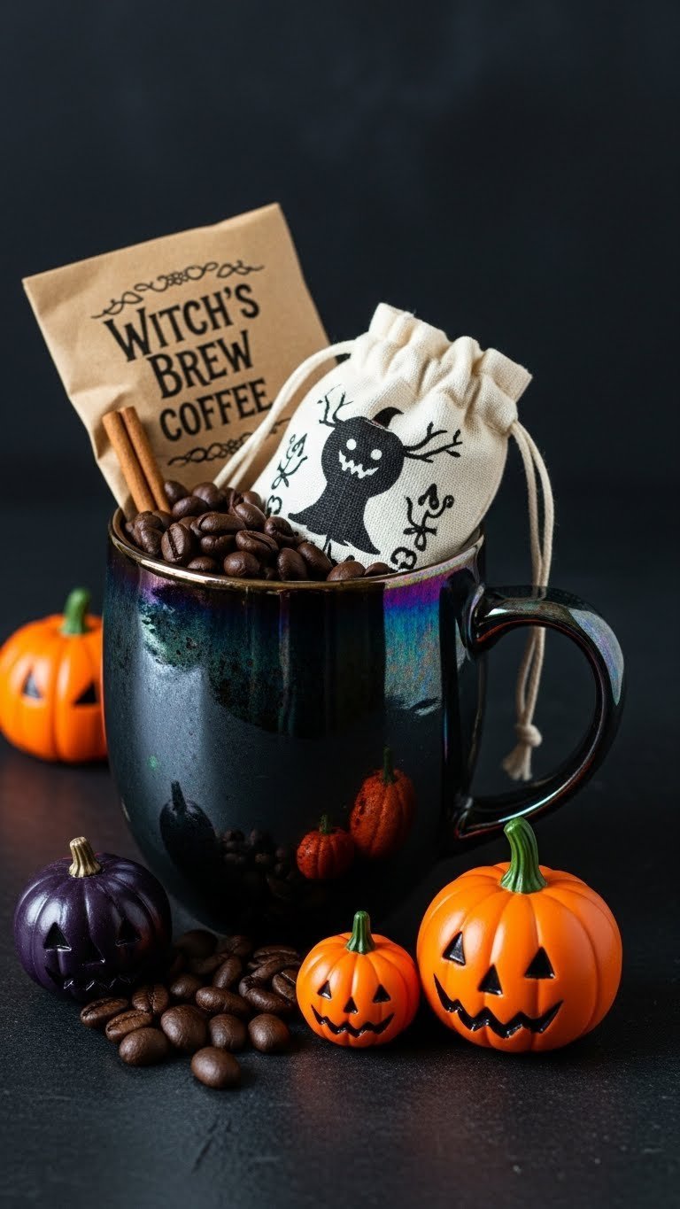 Witch's brew Halloween coffee kit featuring dark mystical ceramic mug with gourmet coffee beans and magical elements