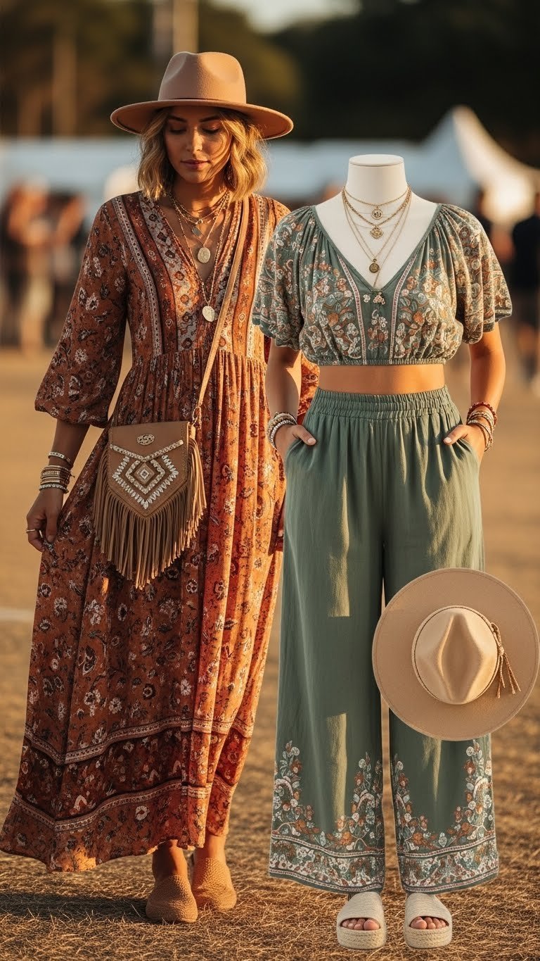 Woman in boho-chic festival outfit with flowy maxi dress, delicate jewelry, and flat sandals during golden hour outdoor setting.