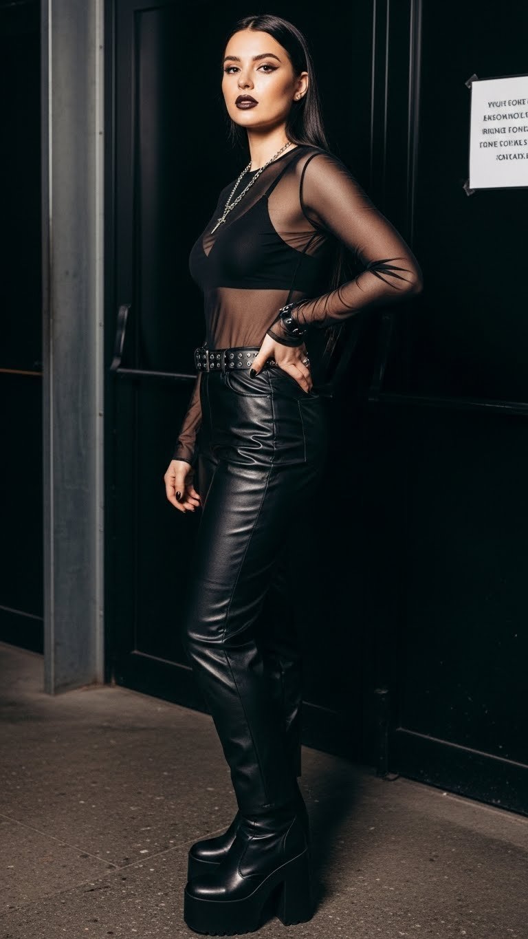 Woman wearing edgy mesh and leather concert outfit with sheer top, faux leather pants, and chunky platform boots against industrial background.