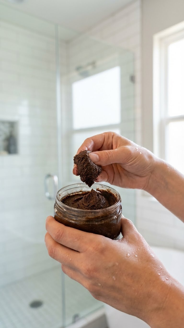 Whipped Coffee Body Scrub Complete Beginner Recipe Guide 11 Woman's hands scooping creamy coffee body scrub from glass jar in modern bathroom setting