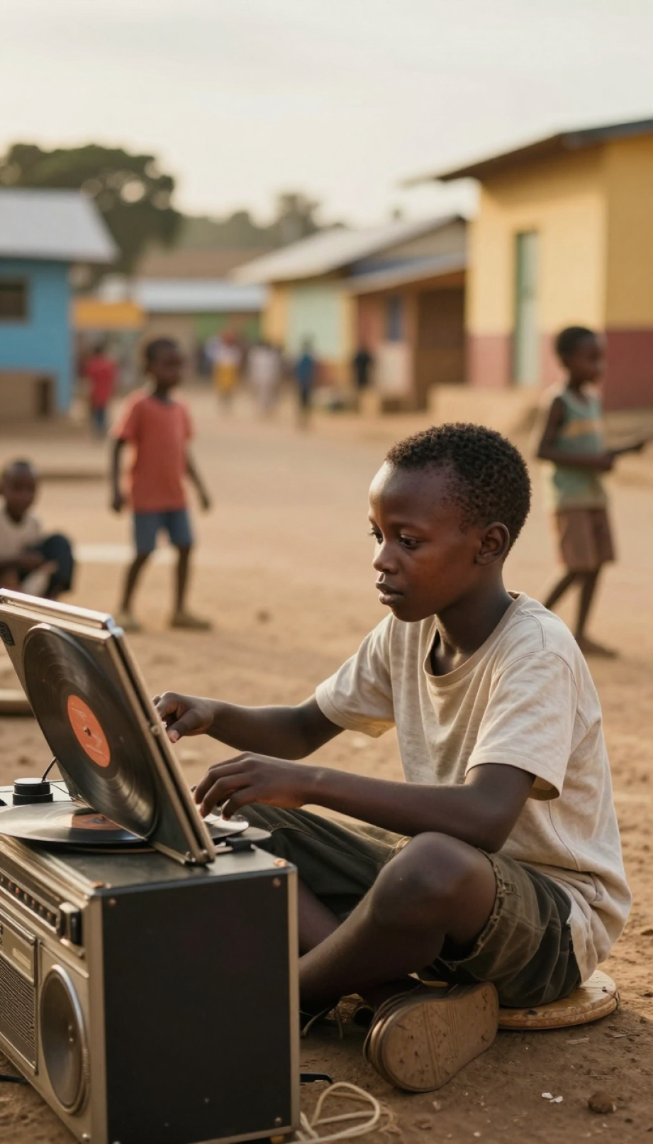 Young Black Coffee Nkosinathi Maphumulo gazing at vintage sound equipment in warm South African township setting during golden hour.