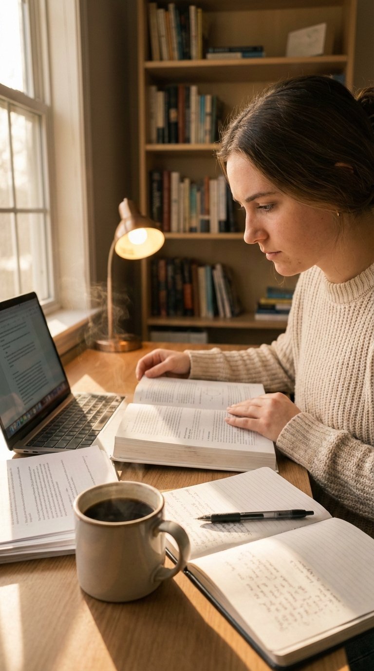 Young student focused on studying with black coffee nearby in cozy desk setting with warm golden hour lighting