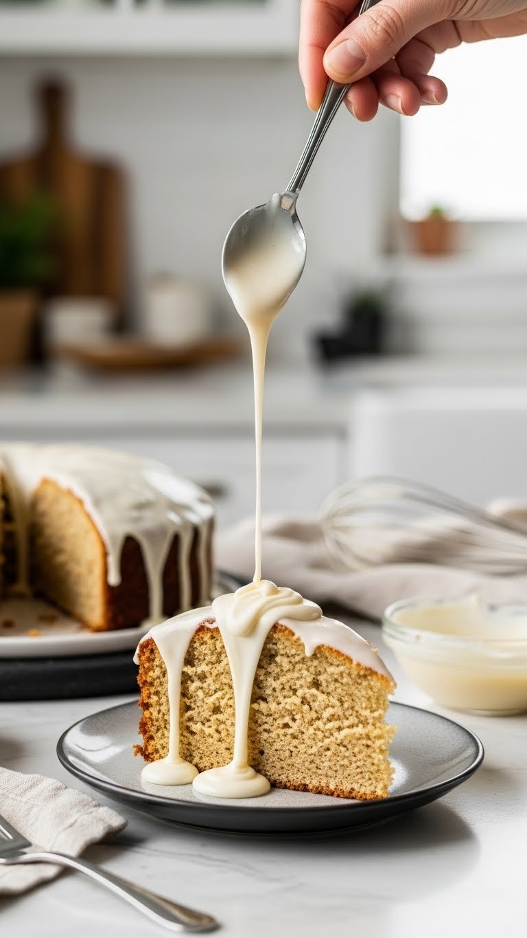 Zesty keto cream cheese glaze being drizzled over moist coffee cake slice on elegant plate