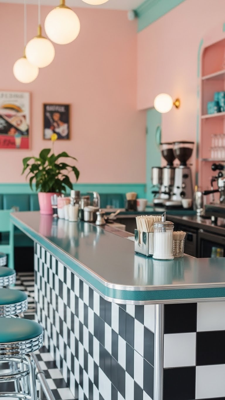 1950s coffee bar interior with teal formica counter, checkerboard tile wall, and pastel pink accents in vibrant retro style.