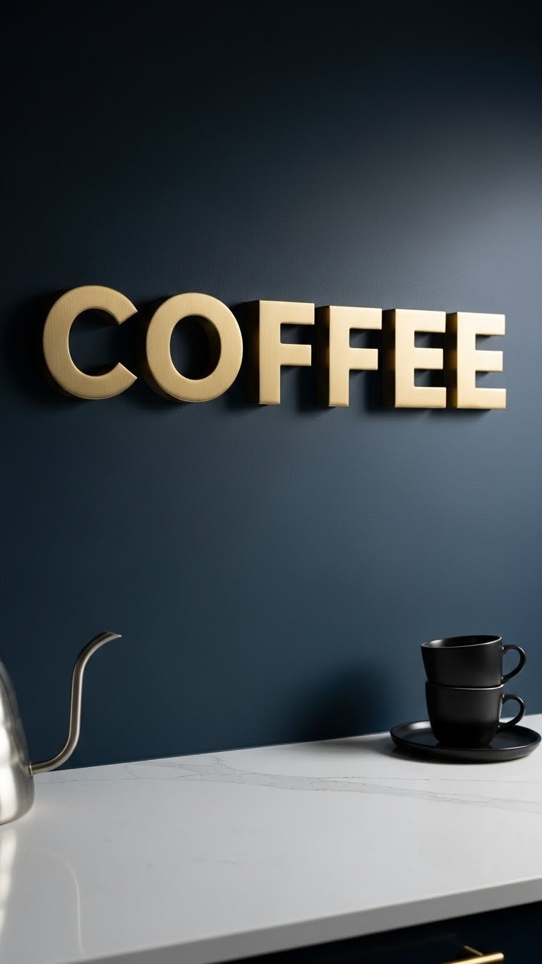 3D brushed gold metal letters spelling COFFEE on dark navy blue wall above white quartz countertop