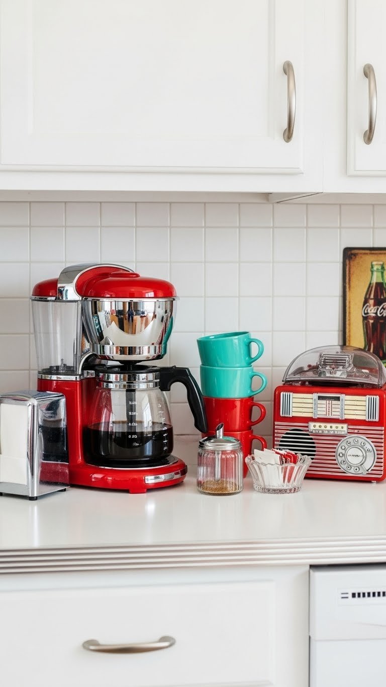 50s diner style coffee station with chrome-accented drip coffee maker, jadeite mugs, and retro jukebox on checkered countertop.