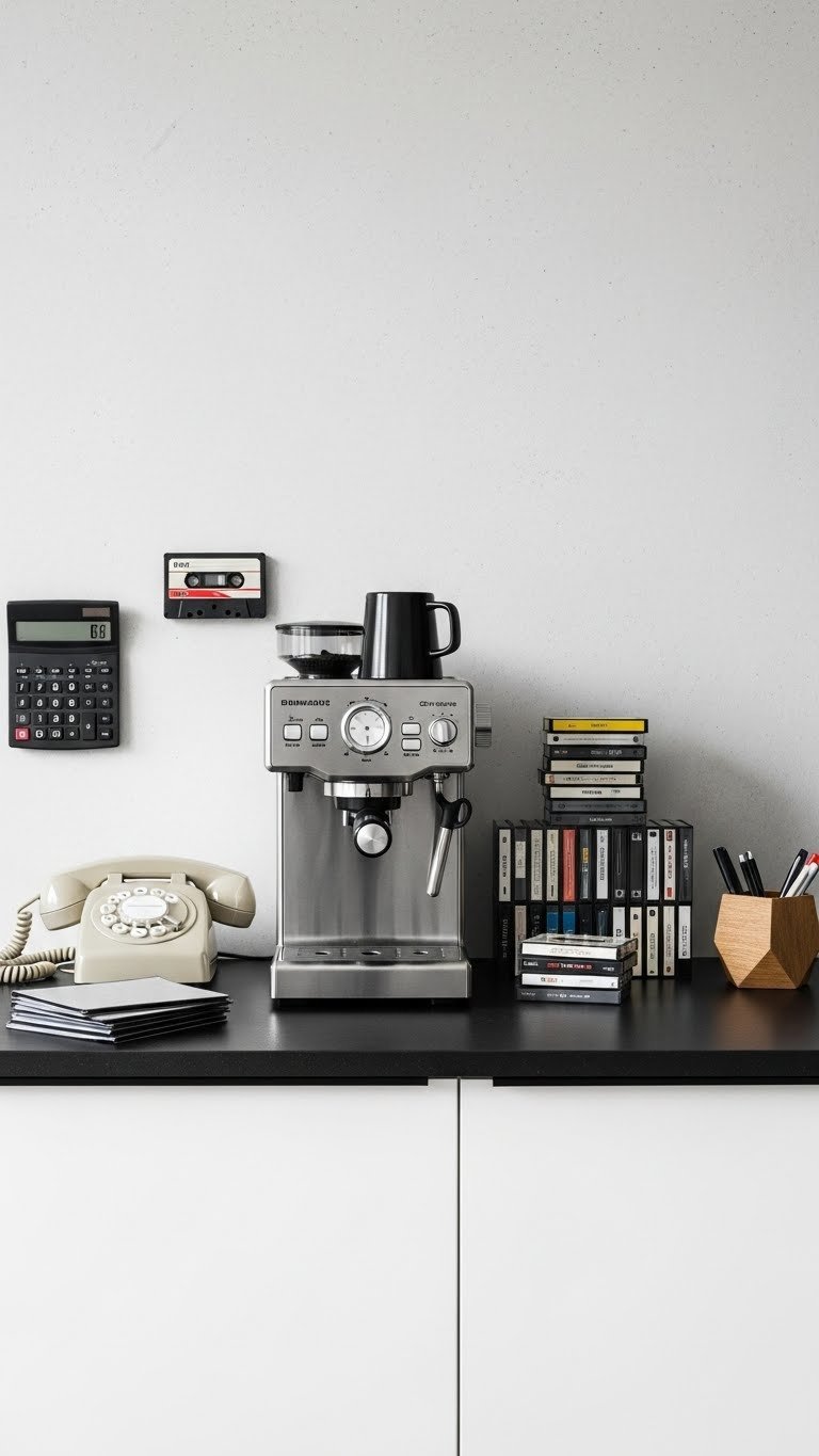 80s office culture coffee station with grey minimalist design, boxy coffee machine, rotary phone, and cassette tape decor