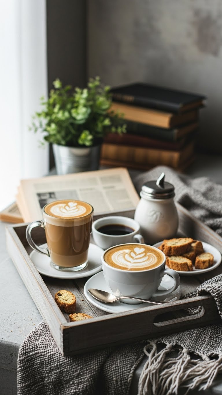 90s coffee bar beverage tray with steaming latte and black coffee mugs alongside ceramic sugar dispenser and biscotti