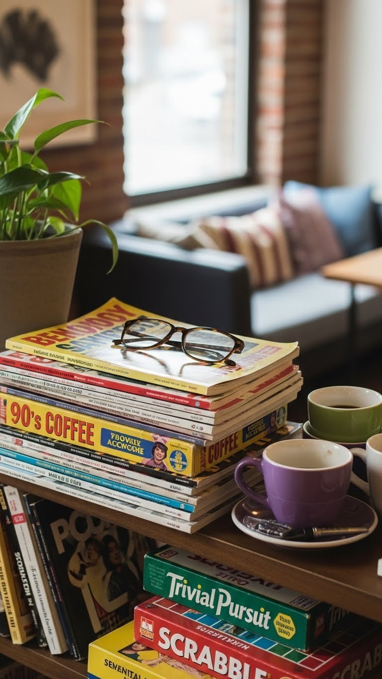 90s coffee culture reading corner with stack of indie magazines and board games on wooden shelf next to coffee mugs