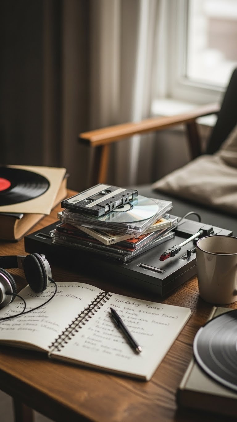 90s music playlist concept featuring vintage CD player with alternative rock CDs and cassette tapes on rustic table
