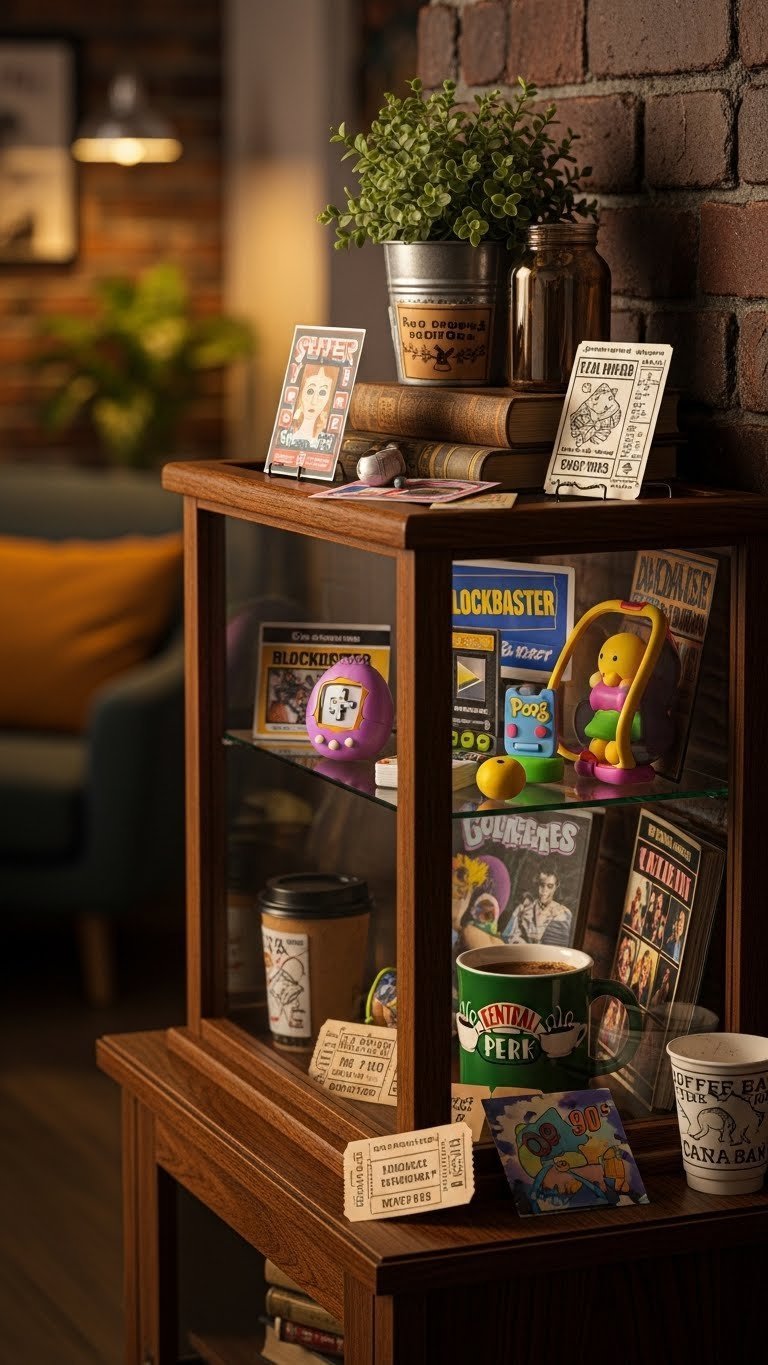90s pop culture memorabilia display cabinet with Tamagotchi, Blockbuster card, and Friends mug in coffee bar setting