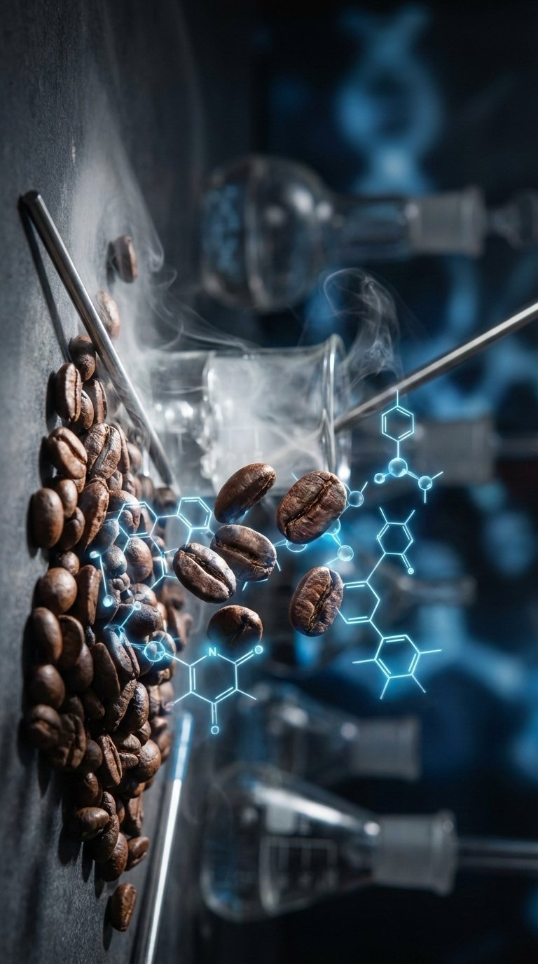 Coffee Flavor Wheel Ultimate Guide for Master Coffee Tasting 7 Abstract composition of coffee beans interacting with molecular diagrams representing Maillard reaction and coffee flavor chemistry.