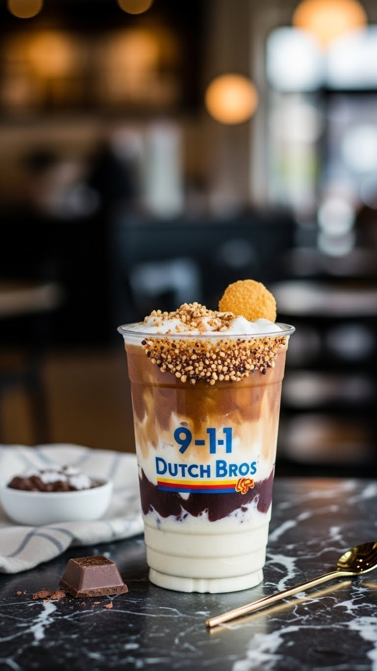 Advanced Dutch Bros coffee flavor combination with layered sauces in sleek clear cup on dark marble surface