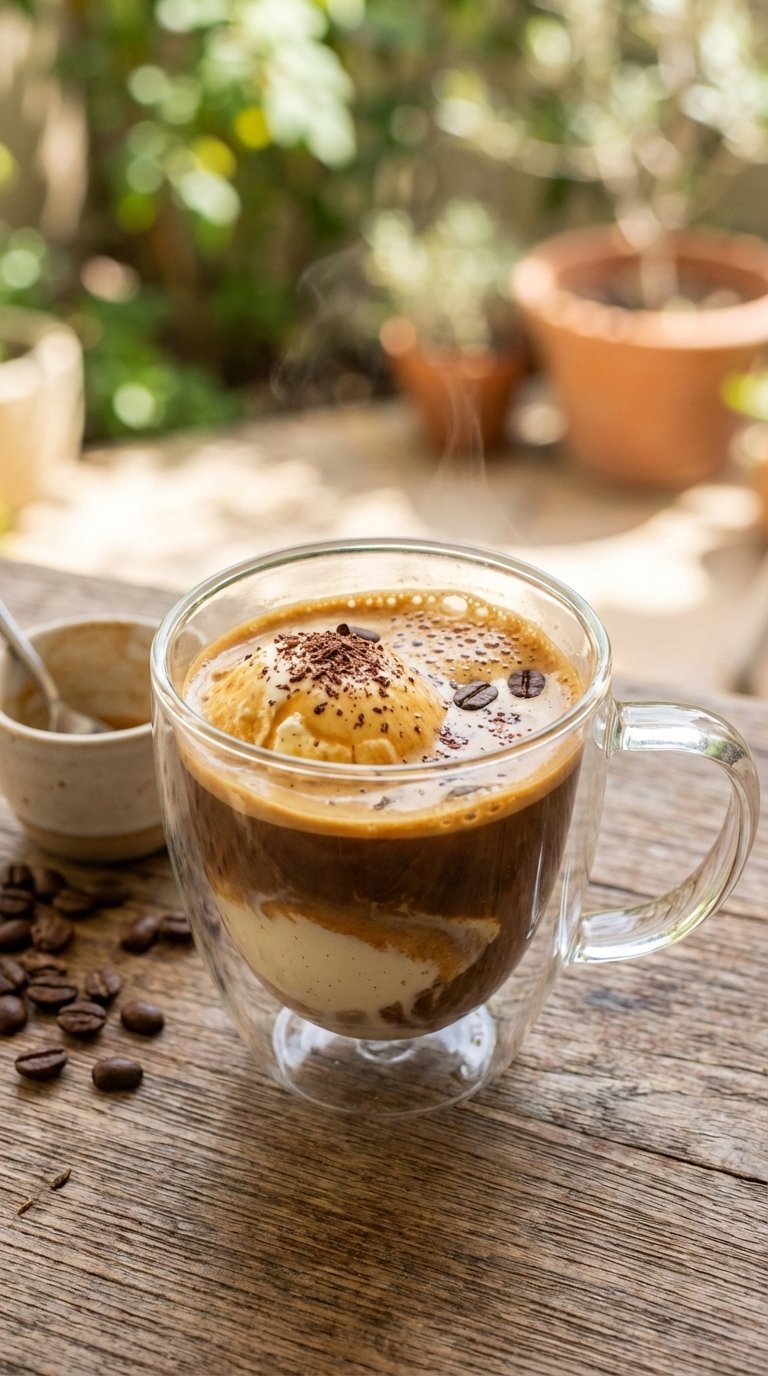 Affogato dessert with vanilla ice cream submerged in rich espresso in clear glass mug on wooden table with coffee beans.