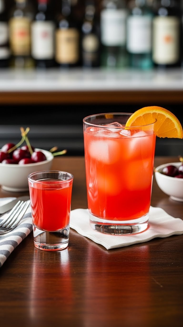 Alabama Slammer cocktail served as shot and highball glass with orange garnish on dark wooden bar top