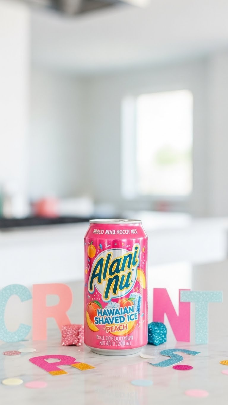 Alani Nu energy drink can centered on vibrant peach-colored hoco poster with glitter accents against marble background