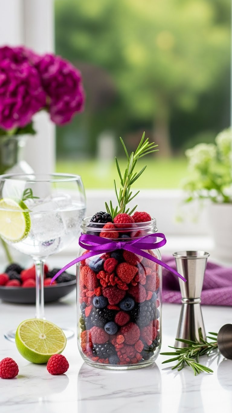 Alluring Berry Gin Infusion kit with freeze-dried berries and rosemary sprig on white marble countertop
