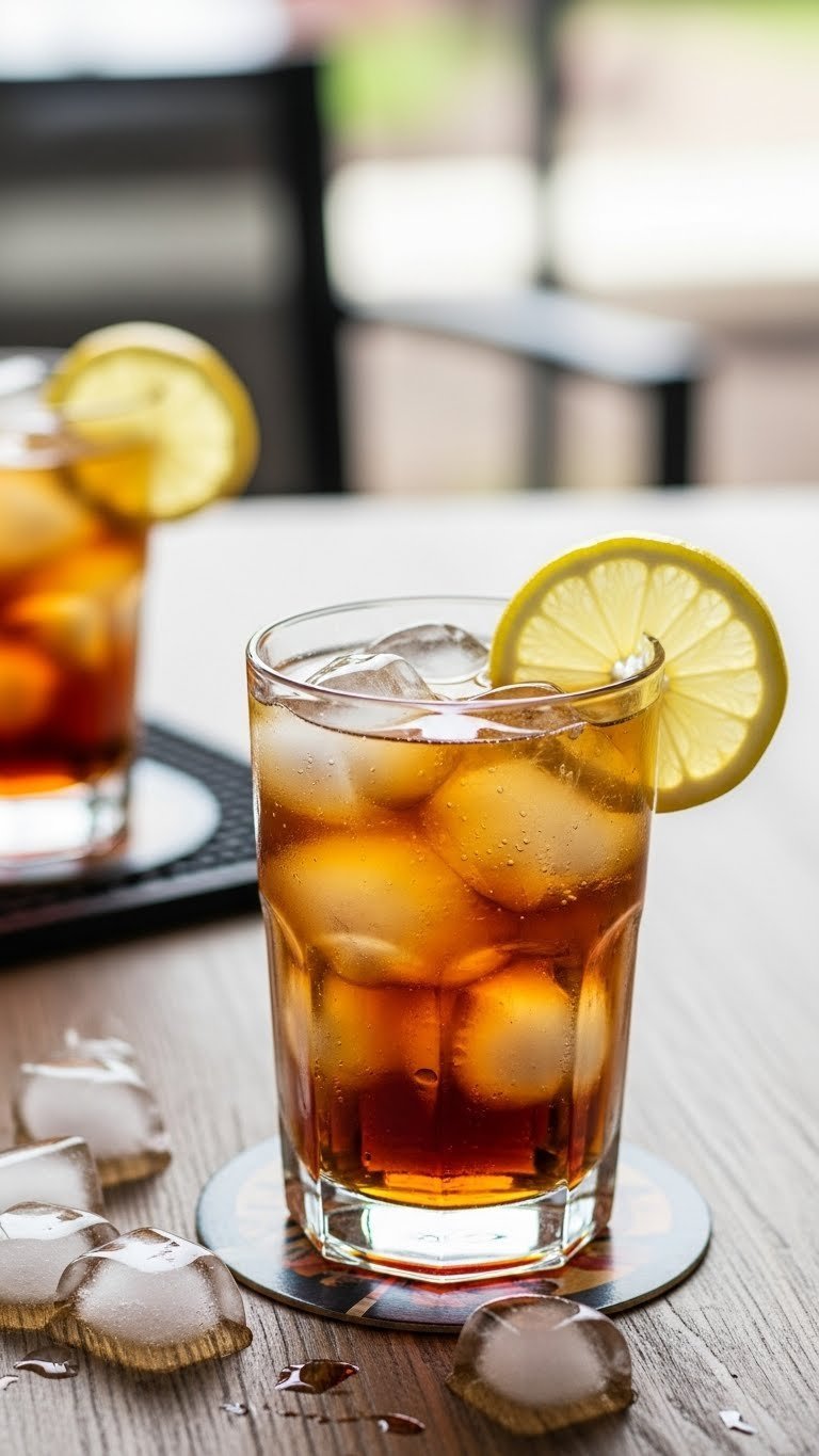 Amber-colored Long Island Iced Tea in highball glass with lemon wedge on rustic wooden table setting.