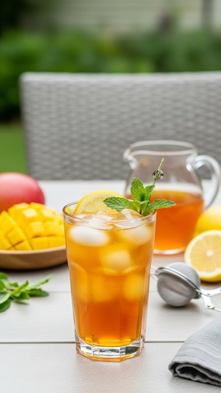 Amber-hued easy mango iced tea with lemon slice and mint sprig in tall glass on outdoor patio table