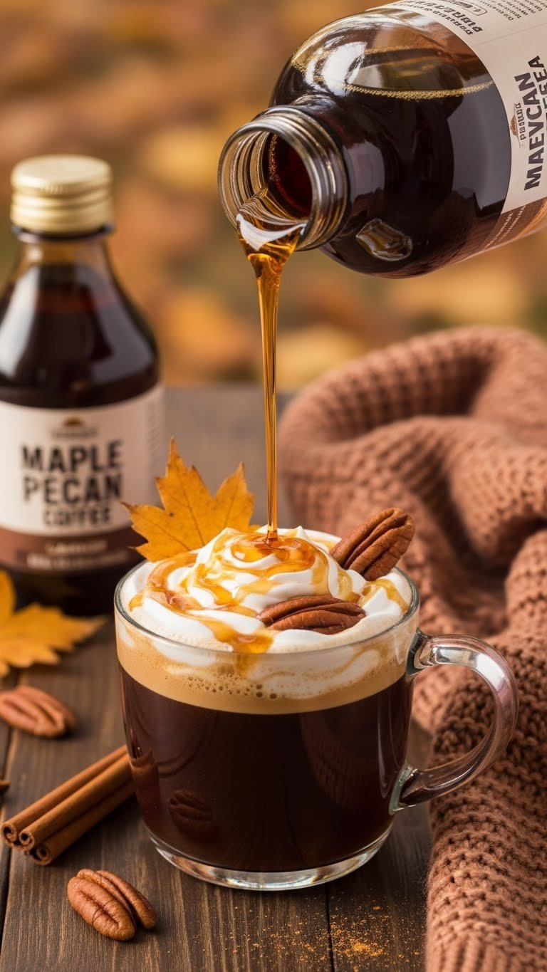 Amber maple pecan syrup swirls in steaming coffee with whipped cream, toasted pecans, and an autumn leaf on a rustic table.