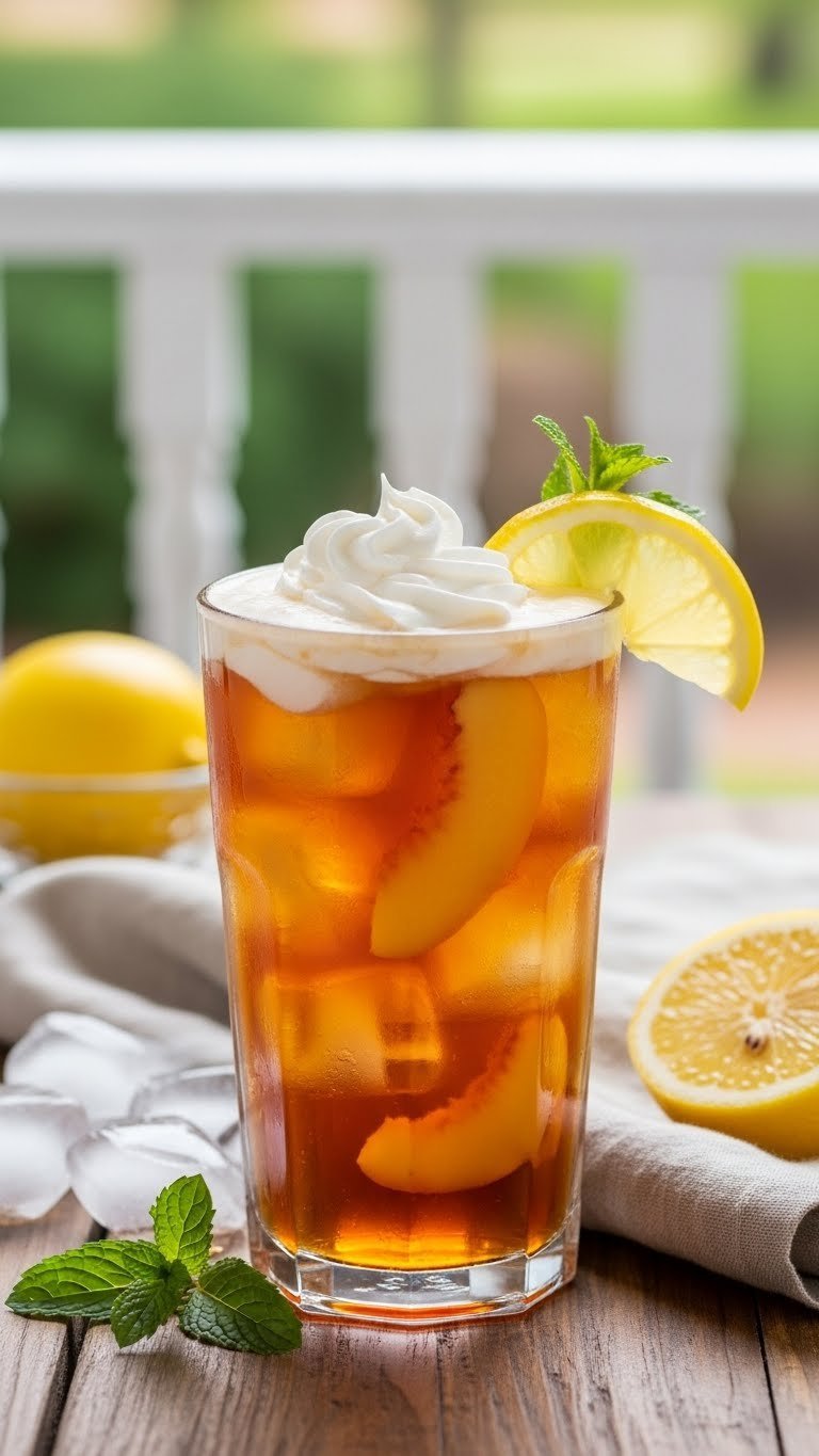 Amber peach sweet tea Sonic beverage swirled with creamy sweet cream and garnished with lemon slice