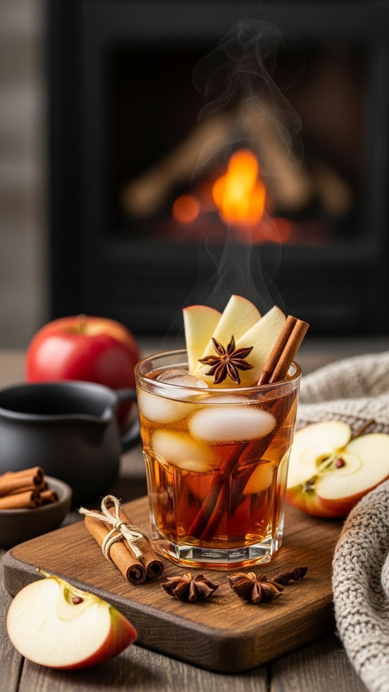 Amber spiced apple cinnamon iced tea with cinnamon stick and apple slices in cozy glass