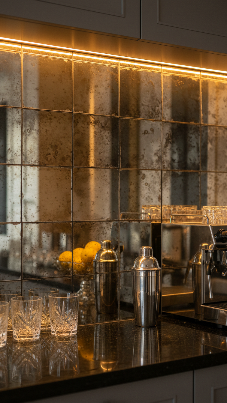 Antique mirrored tile backsplash reflecting crystal glassware and chrome coffee machine with under-cabinet lighting