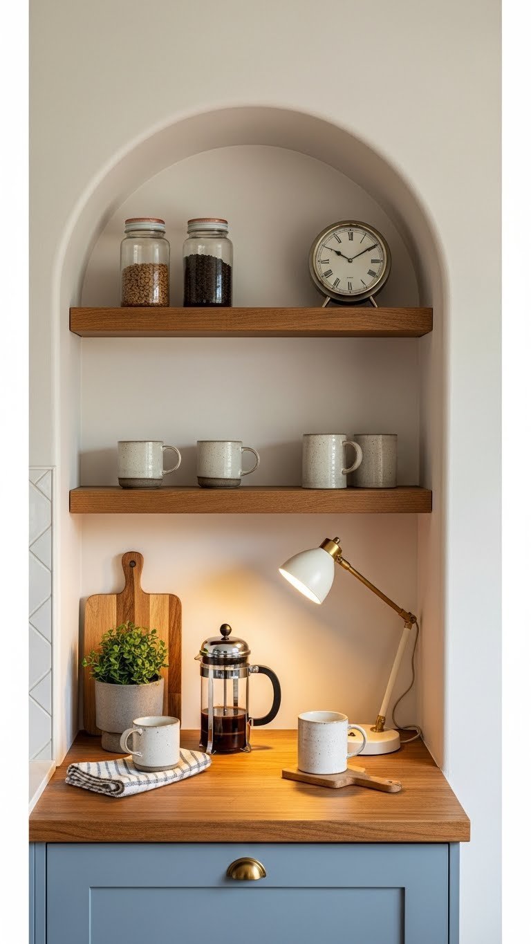 Arched alcove coffee bar nestled in architectural archway with French press, ceramic mugs, and warm wood tones