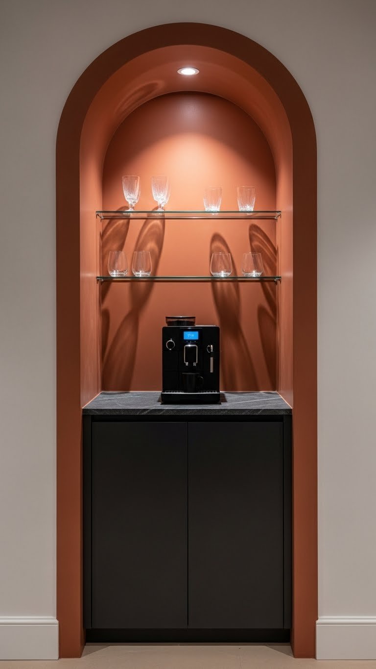 Arched built-in coffee bar in terracotta hallway nook with black coffee machine and dramatic spotlight lighting