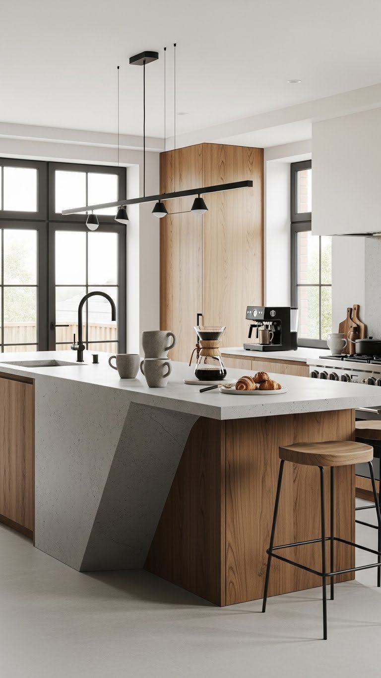 Architectural statement island bar with polished concrete, natural wood, and integrated high-end coffee equipment