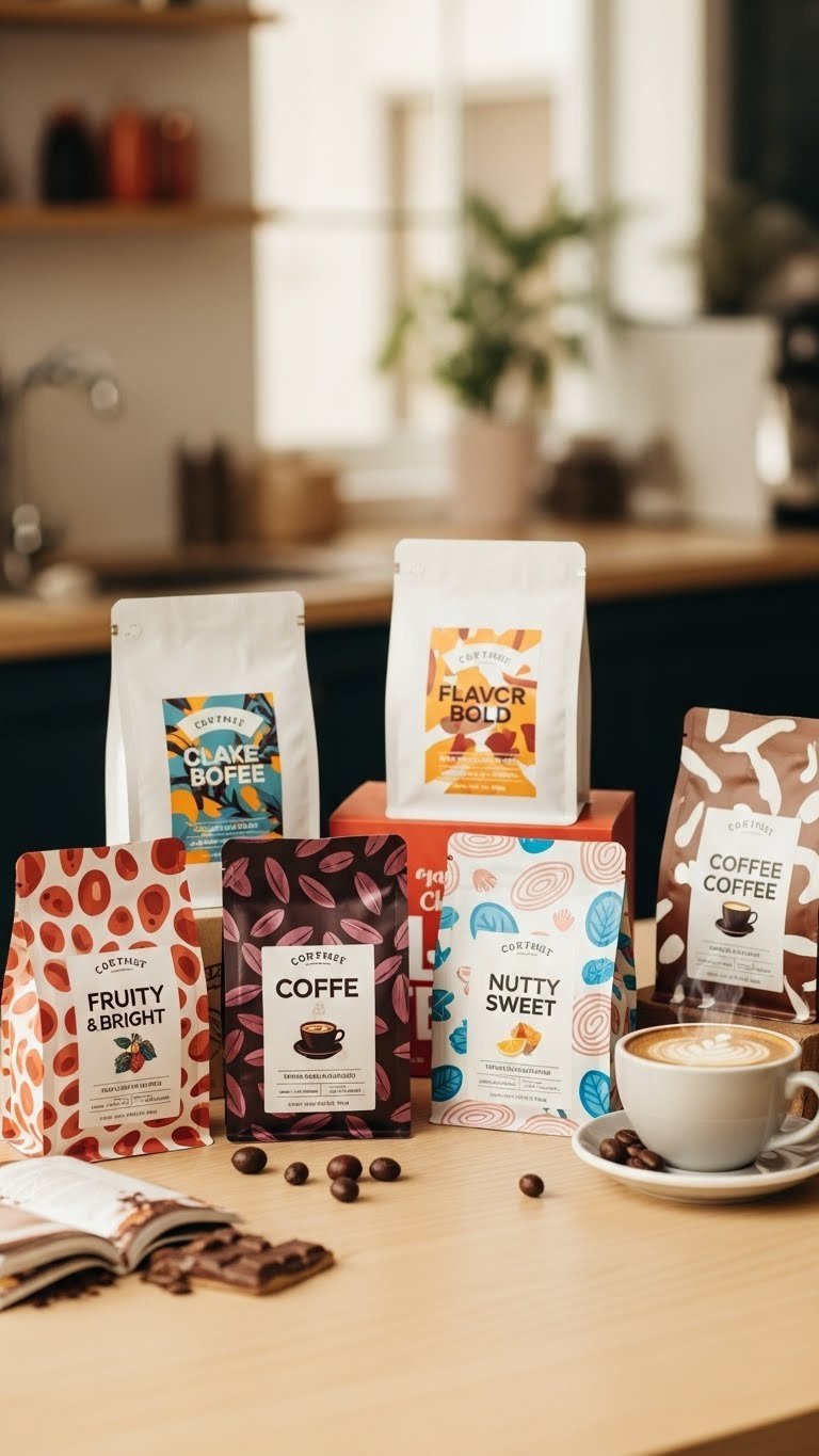 Artful collection of coffee packaging using color palettes and patterns to visually communicate different flavor profiles on light table
