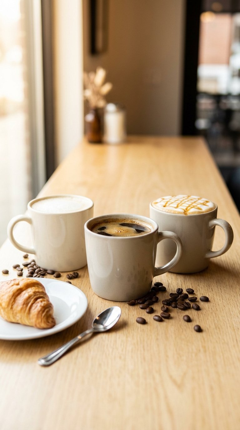 Artfully arranged Starbucks coffee cups with dark roast, vanilla latte, and caramel drizzle on a wooden table with coffee beans and pastry