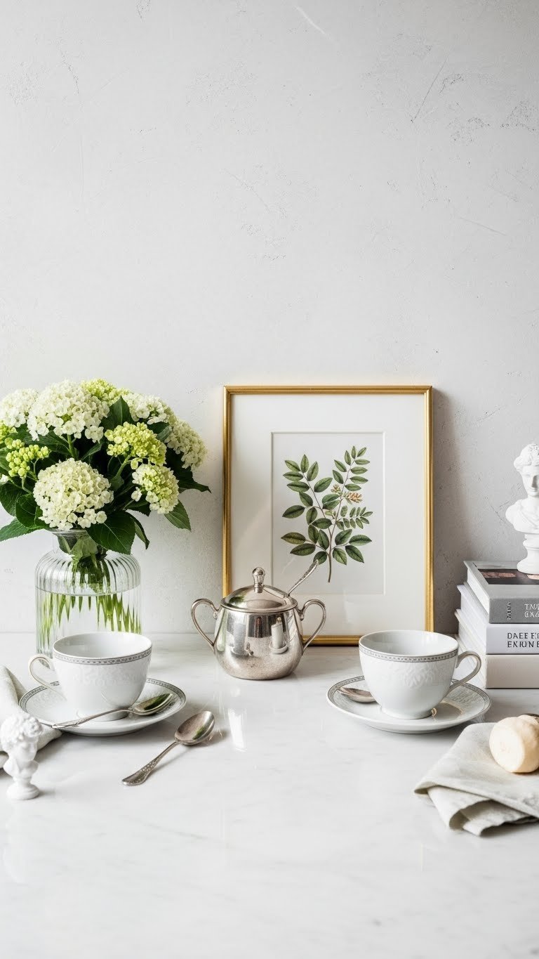 Artfully arranged coffee accessories on marble countertop including porcelain cups, silver bowl, and botanical print flat lay