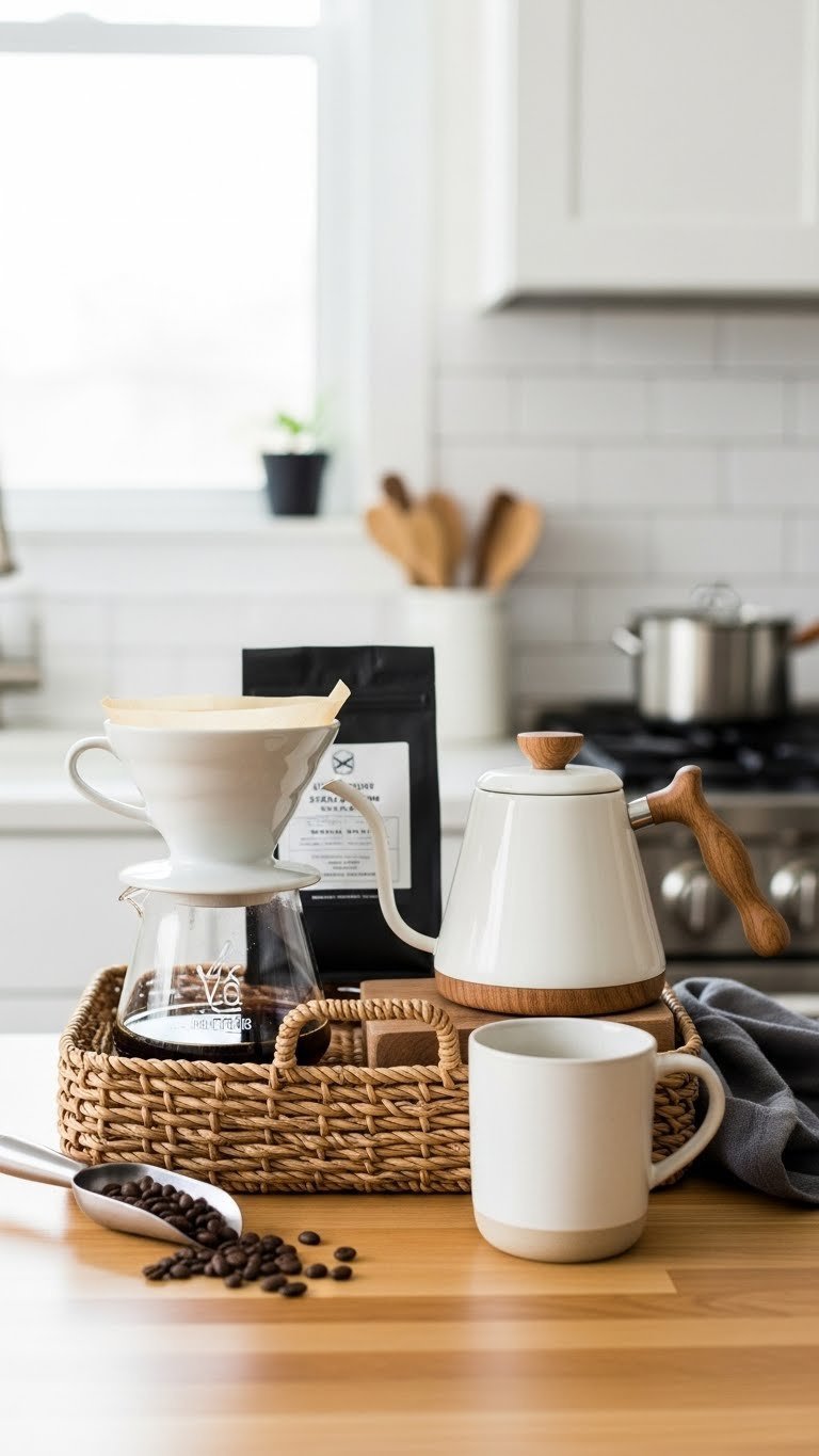 Artisan coffee pour-over gift basket with ceramic V60 dripper, gooseneck kettle, and single-origin beans on rustic wood surface