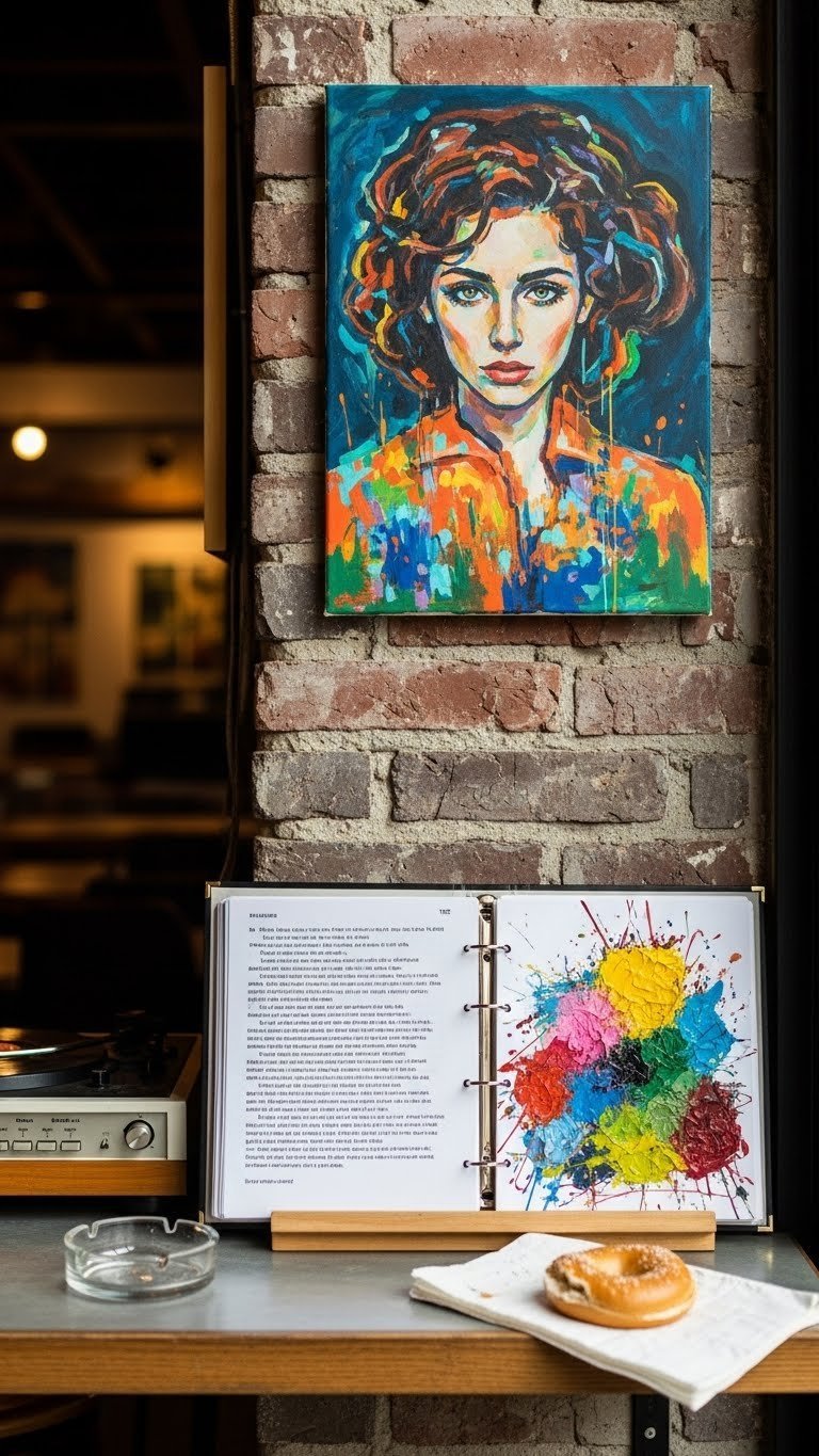 Artsy 90s coffee bar displaying vibrant local artwork and poetry binder on raw concrete wall with vintage record player