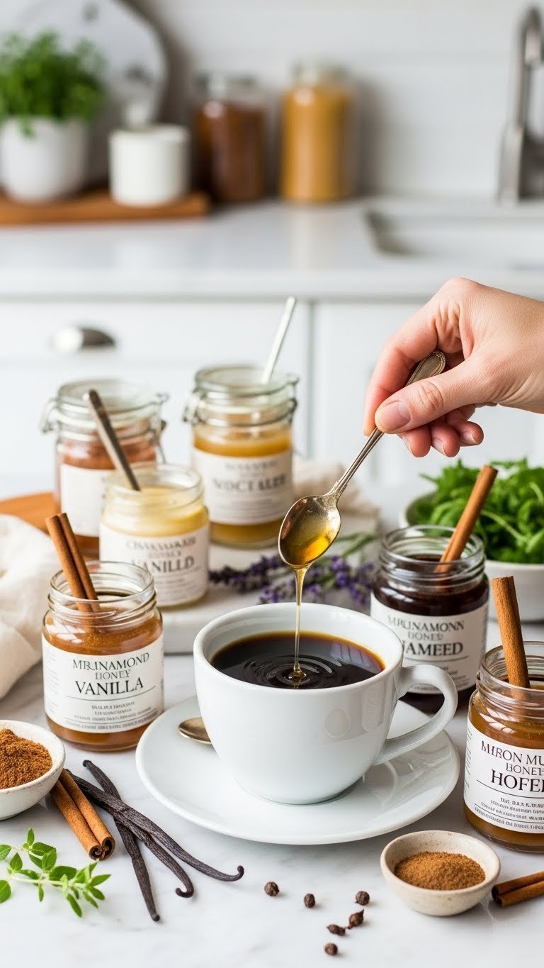 Assortment of flavored honey jars for coffee brewing on marble countertop with spices