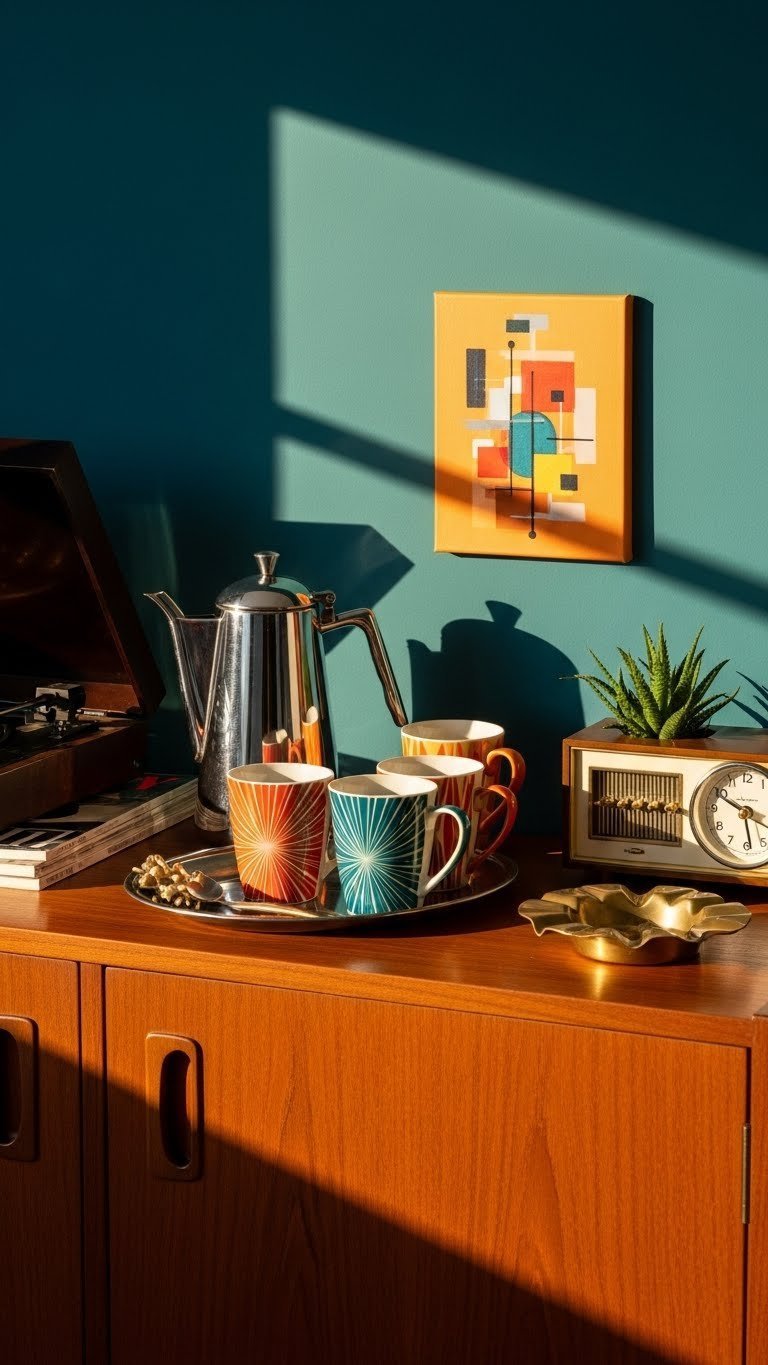 Atomic Era teak credenza coffee bar with Sputnik coffee pot and starburst-patterned ceramic mugs