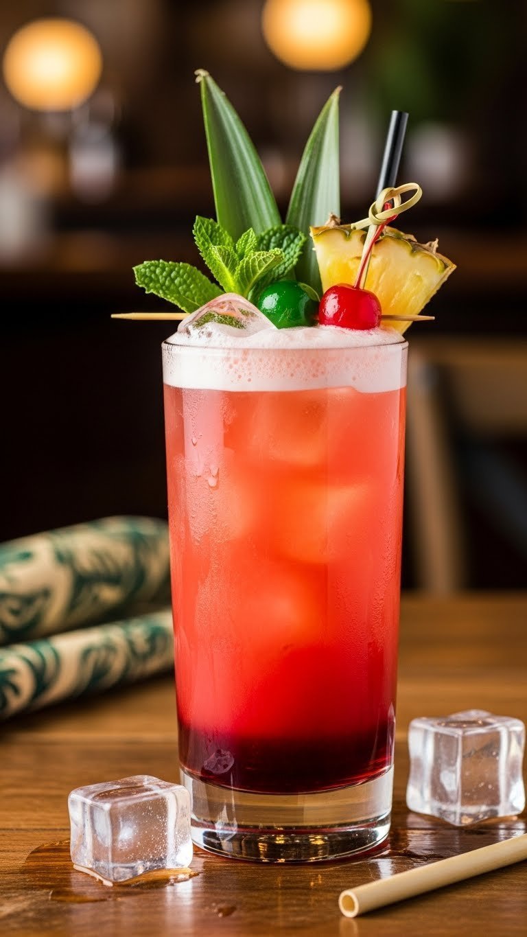 Zombie Drink Ideas: 7 Ultimate Recipes for Any Party 1 Authentic Don the Beachcomber Zombie cocktail in tall tiki glass with pineapple wedge, cherry garnish, and red grenadine layer on rustic wooden table