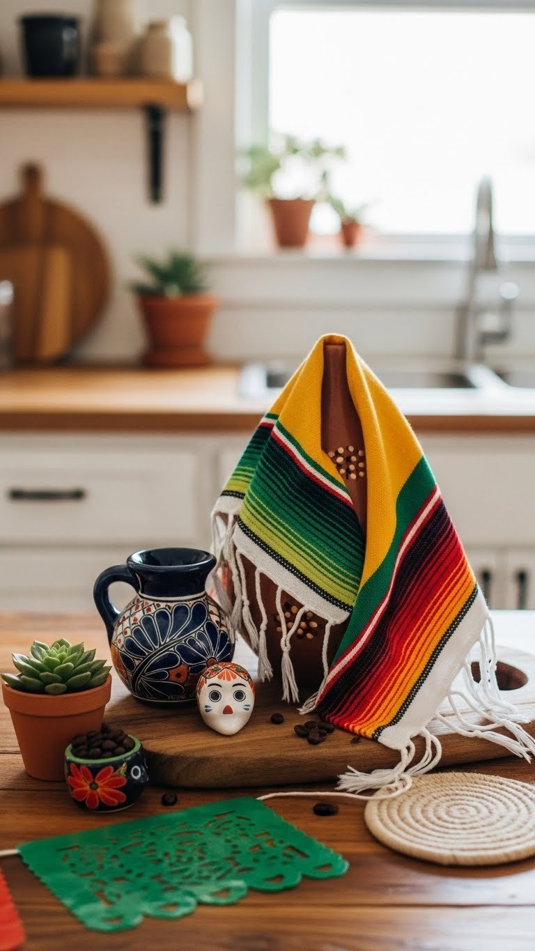 Authentic Mexican decor collection including hand-painted Talavera vase and ceramic calavera on rustic wooden surface