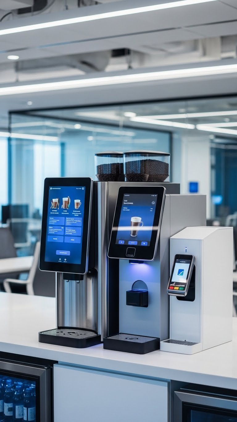 Automated coffee service station with touchscreen interface and contactless payment in tech office.