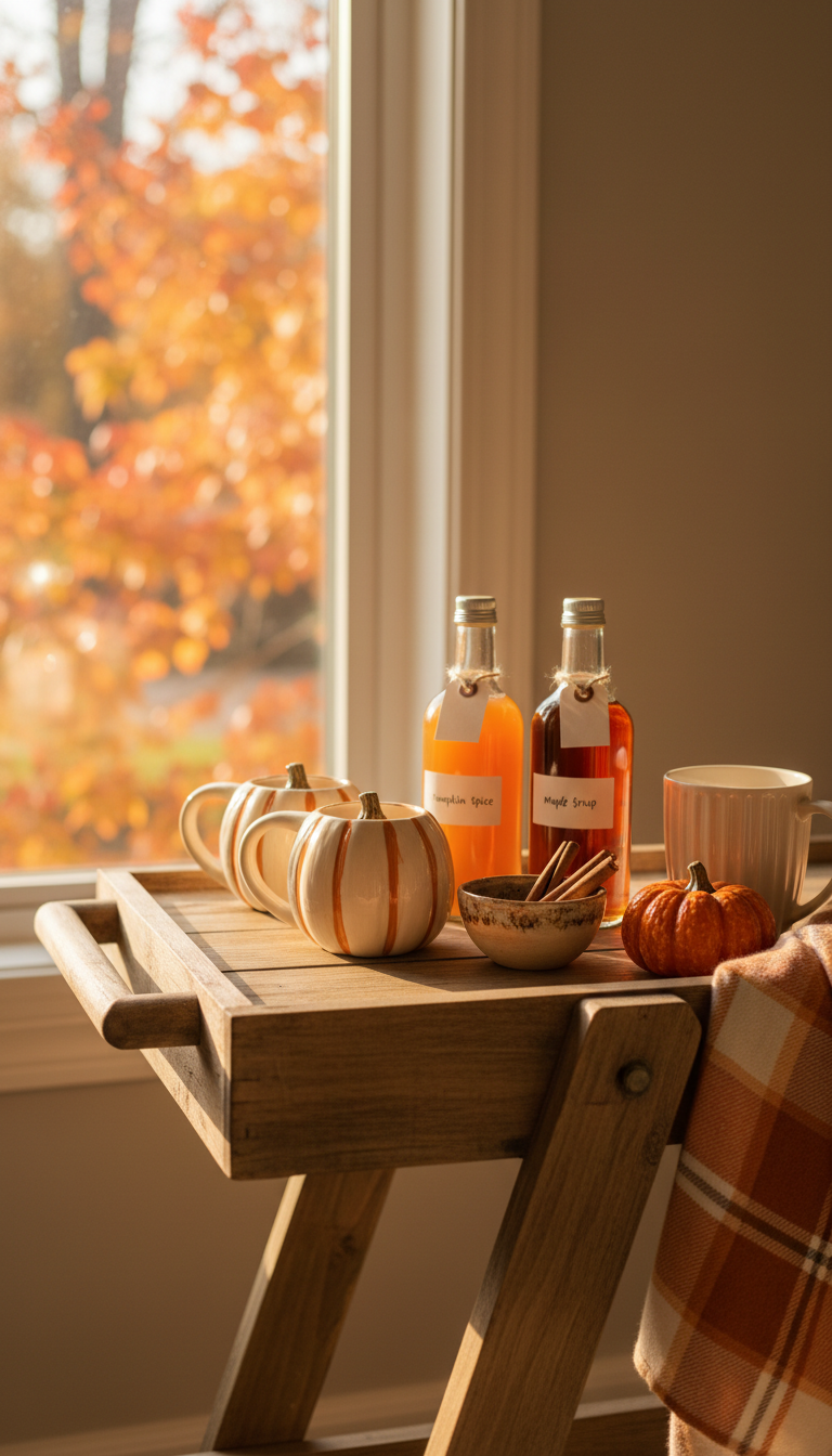 Autumn-themed coffee cart decorated with pumpkin mugs, seasonal syrups, and cinnamon sticks for fall.