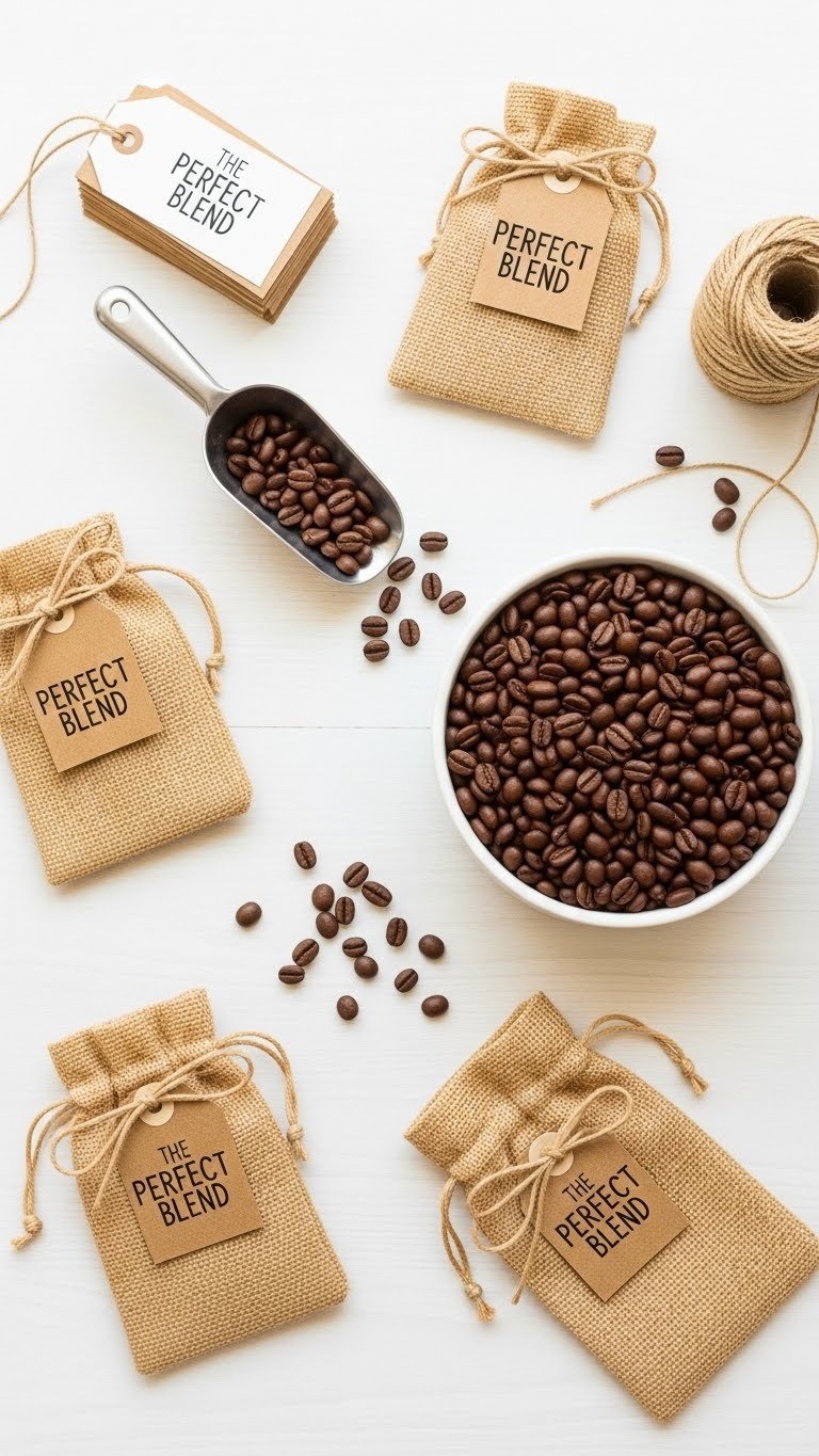 Baby shower coffee favor station with burlap bags, scoop, and bowl of whole coffee beans for DIY gift bag creation.