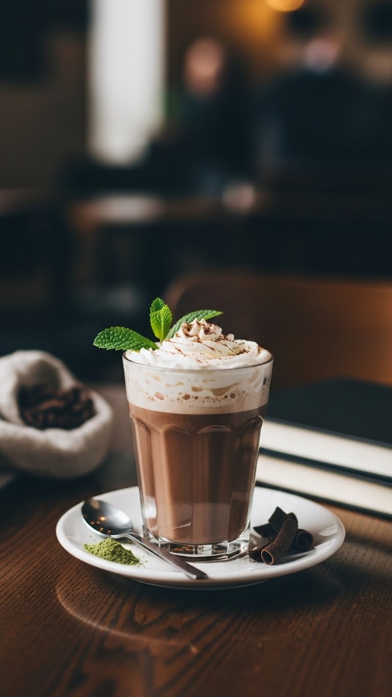 Bacopa Monnieri mint mocha coffee with whipped cream and fresh mint leaves on dark wooden table