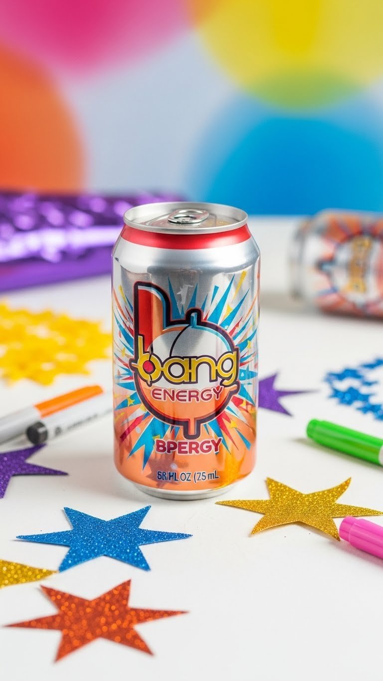 Bang Energy drink hoco poster featuring colorful starburst graphics and vibrant energy drink can